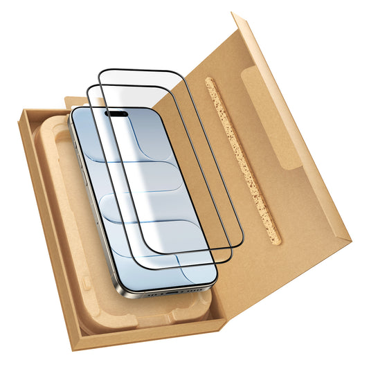 Ein arktis 2er Set iPhone Air REVOLUTION Glas-Displayschutz befindet sich in einer offenen, umweltfreundlichen EZ.INSTALL Box Verpackung.