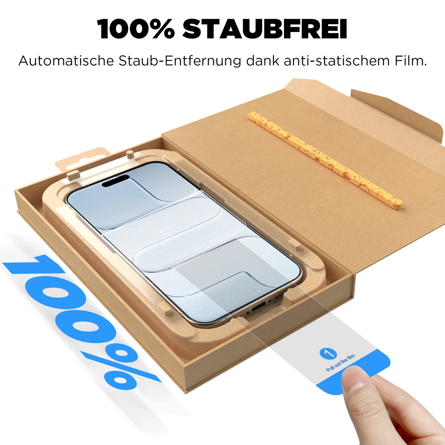 Das arktis 2er Set iPhone Air REVOLUTION Glas-Displayschutz wird in einer EZ.INSTALL Box Verpackung mit staubfreier, antistatischer Folie und einer Handabziehlasche zur einfachen Anbringung geliefert.