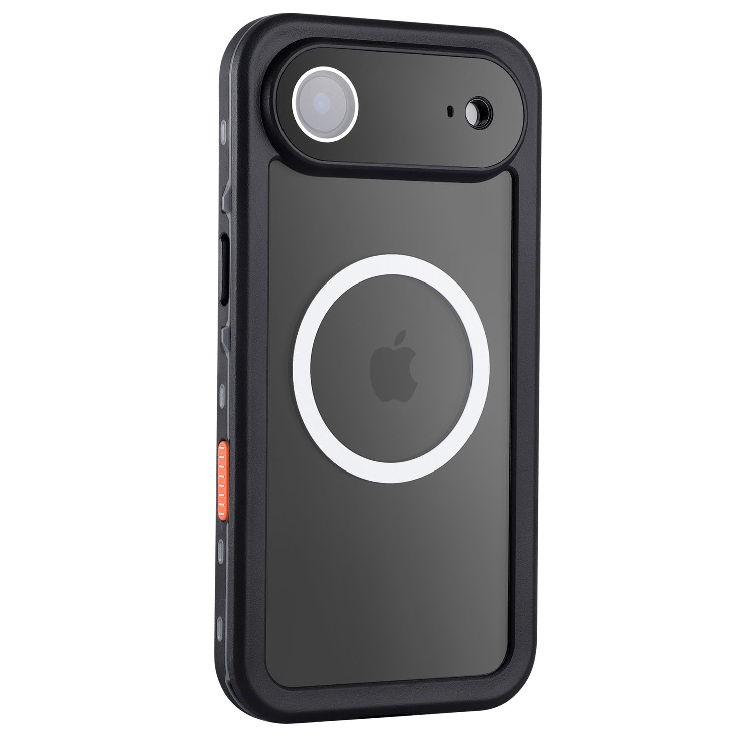 Ein schwarzes iPhone im arktis iPhone Air Wasserdichtes Actioncase von arktis, mit weißem MagSafe Ring, sichtbarer Rückkamera und IP68 Schutz.