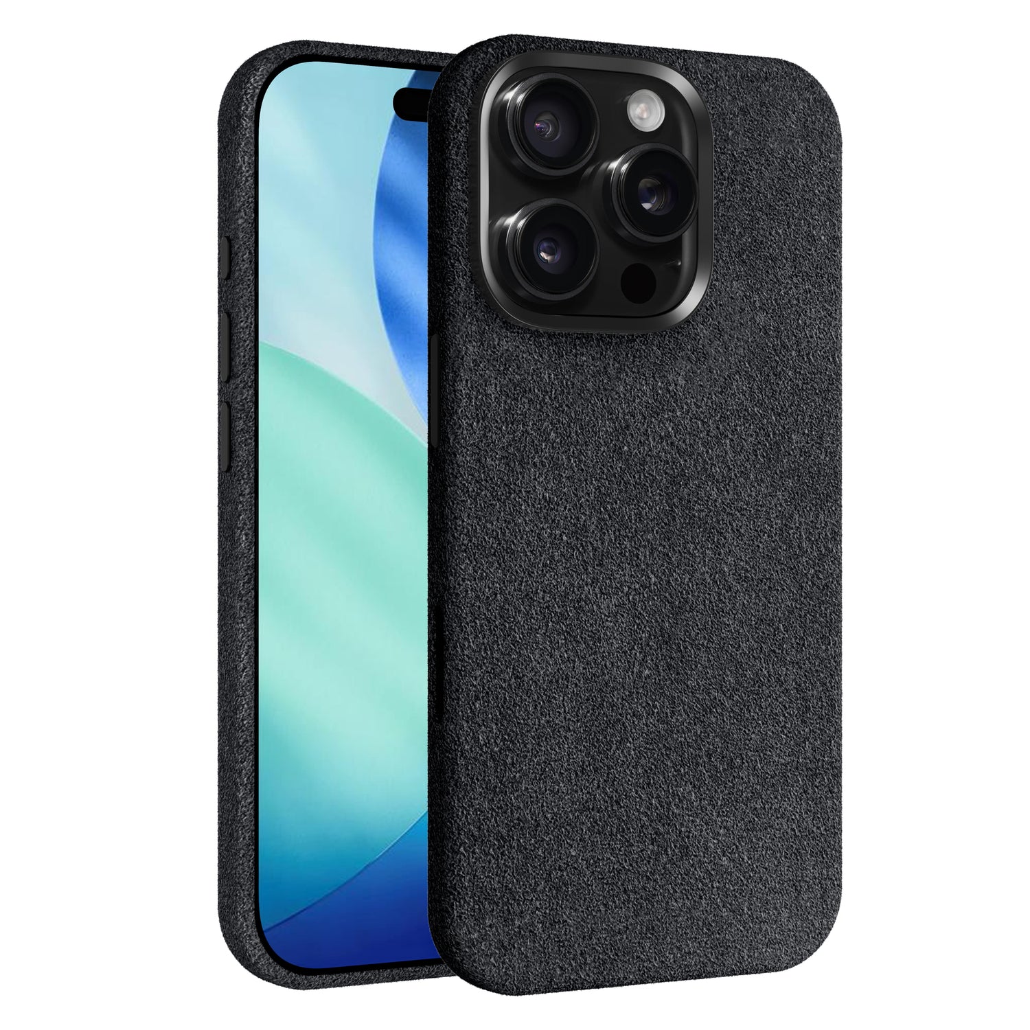 Die arktis iPhone 17 Pro Hülle aus Alcantara verfügt über ein schwarzes, strukturiertes Hardcase-Design, einen dreifachen Kameraausschnitt und einen teilweise nach vorne gerichteten Bildschirm - Premium-Schutz von arktis.