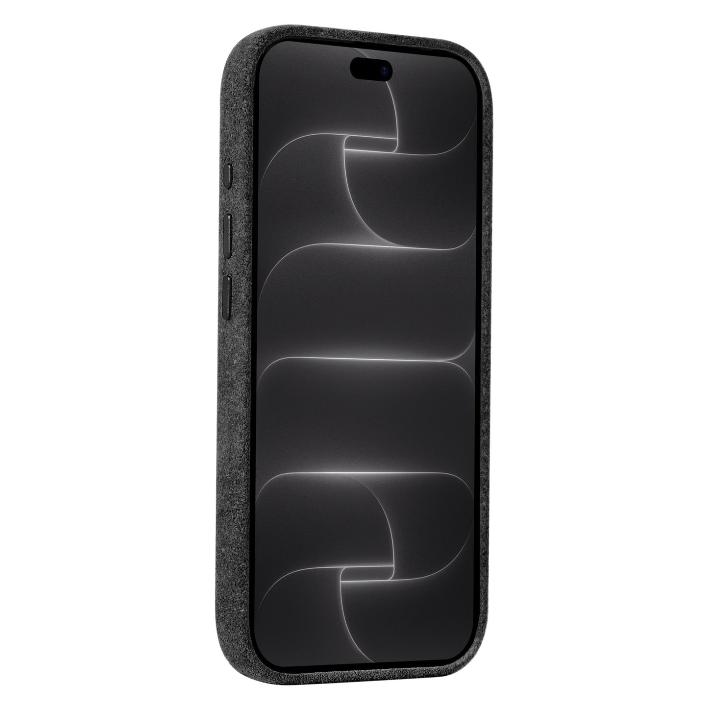 arktis iPhone Alcantara Hülle in Schwarz, schräge Seitenansicht