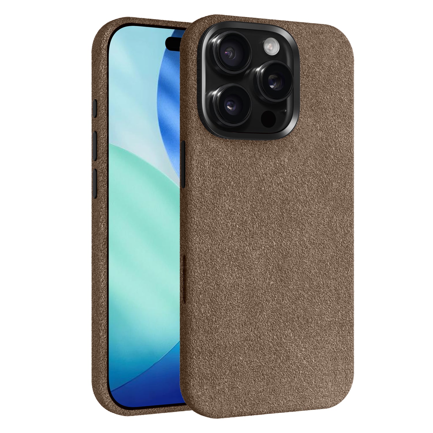 Die arktis iPhone 17 Pro Hülle aus Alcantara, eine braun strukturierte Handyhülle von arktis, wird auf einem iPhone 17 Pro mit drei rückwärtigen Kameras vor einem weißen Hintergrund gezeigt. Hergestellt in Italien.