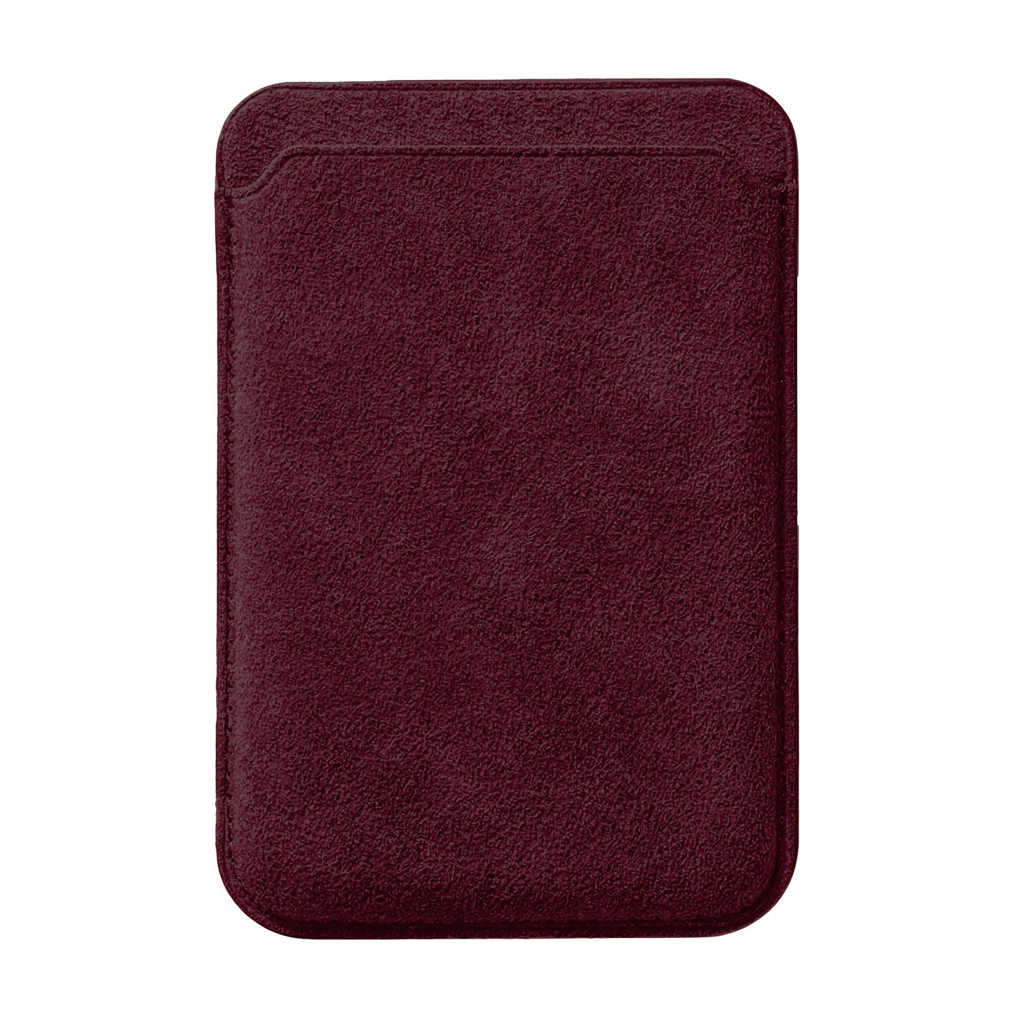 Der arktis iPhone MagSafe Kartenhalter aus Alcantara, ein burgunderroter Wildlederkartenhalter mit abgerundeten Kanten, ist auf weißem Hintergrund abgebildet.