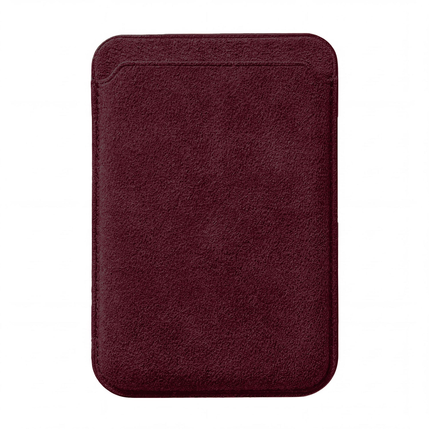 Der arktis iPhone MagSafe Kartenhalter aus Alcantara, ein burgunderroter Wildlederkartenhalter mit abgerundeten Kanten, ist auf weißem Hintergrund abgebildet.