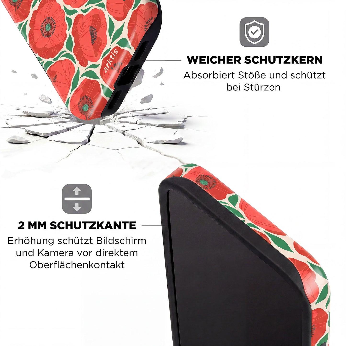 Die arktis iPhone 14 Pro Hülle - Summer Garden mit roten Mohnblumen aus stoßabsorbierendem TPU-Silikon wird auf rissiger Oberfläche gezeigt und ist laut deutscher Beschreibung MagSafe-kompatibel.