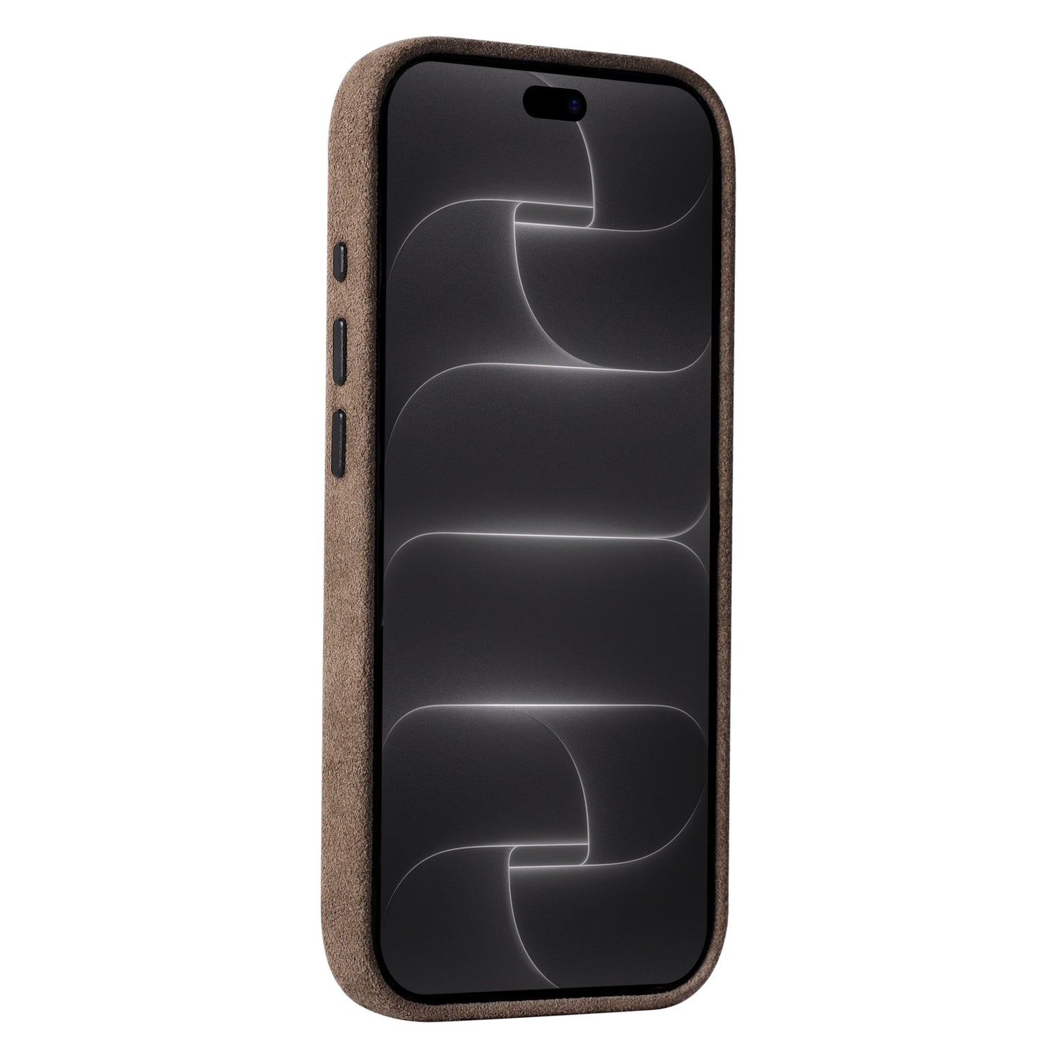 arktis iPhone Alcantara Hülle in Braun, schräge Vorderansicht