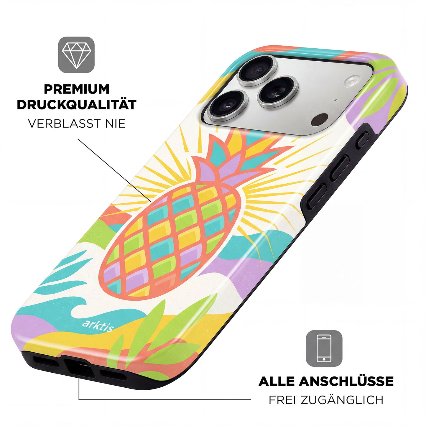 Die arktis iPhone 17 Pro Max Hülle - Tropic Pineapple besticht durch stoßabsorbierendes TPU-Silikon, brillanten Ananas-Druck, zugängliche Ports und MagSafe-Kompatibilität. Deutsche Beschriftung.