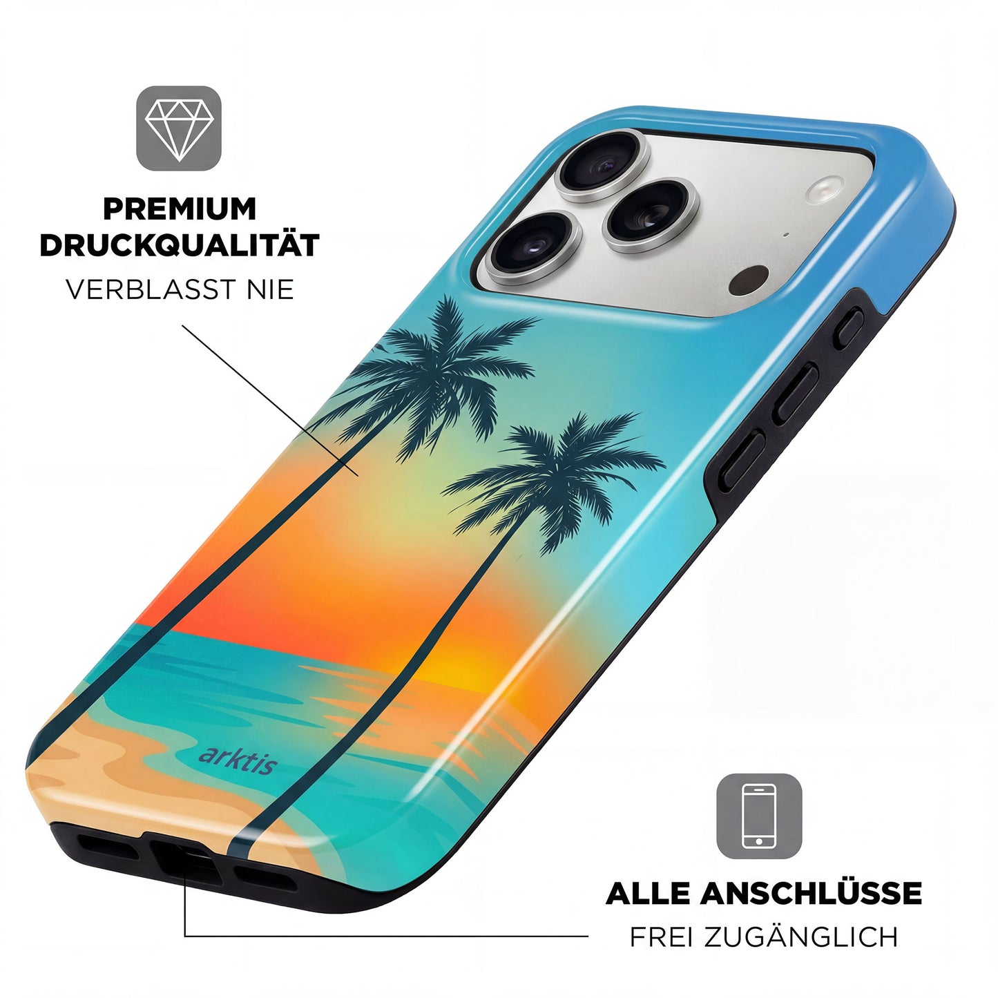 Die arktis iPhone 17 Pro Hülle - Sunset Beach besticht durch ein lebendiges Palmenstrand-Design, ist MagSafe kompatibel, stoßabsorbierend, bietet brillante Druckqualität und erleichterten Zugriff auf alle Anschlüsse.