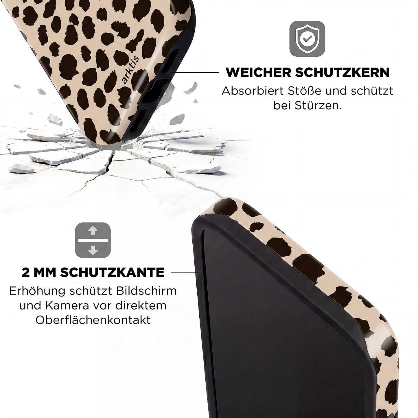 Die arktis iPhone 14 Pro Max Hülle - Cheetah ist MagSafe kompatibel und schützt mit stoßabsorbierendem TPU-Silikon und 2mm erhöhtem Rand zuverlässig vor Stößen und Kratzern.