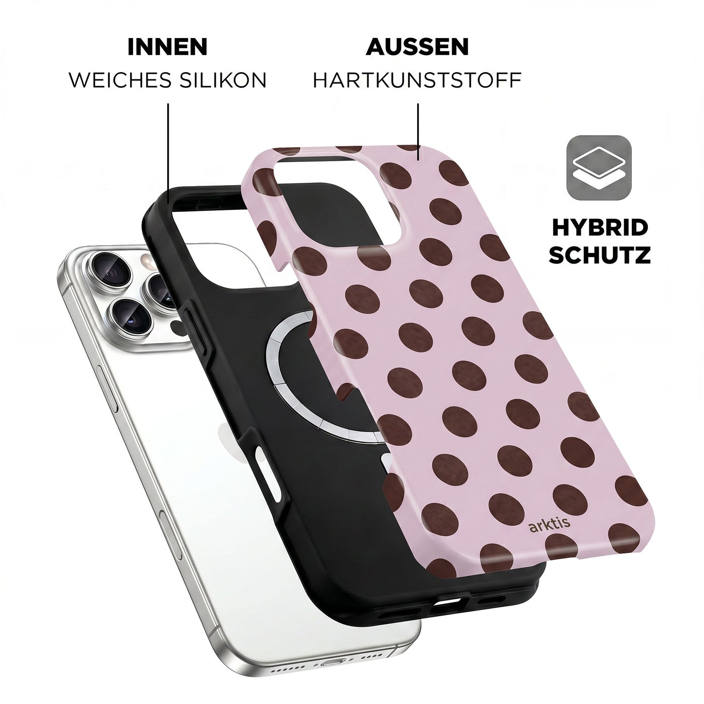 Explosionszeichnung der arktis iPhone 16 Pro Max Hülle - Sweetie: innen stoßabsorbierendes TPU-Silikon, außen Hartplastik, MagSafe-kompatibler Hybridschutz von arktis.