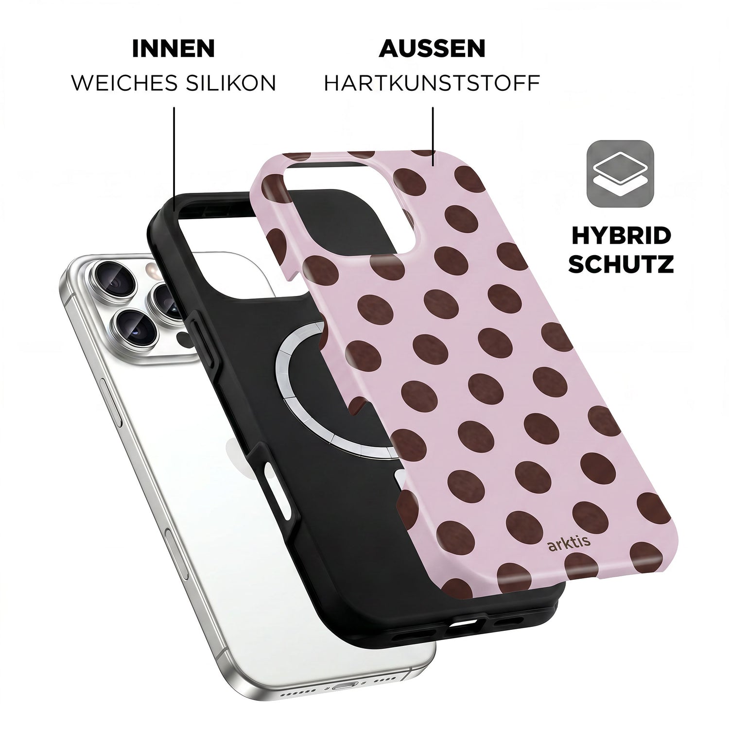 Explosionszeichnung der arktis iPhone 16 Pro Max Hülle - Sweetie: innen stoßabsorbierendes TPU-Silikon, außen Hartplastik, MagSafe-kompatibler Hybridschutz von arktis.