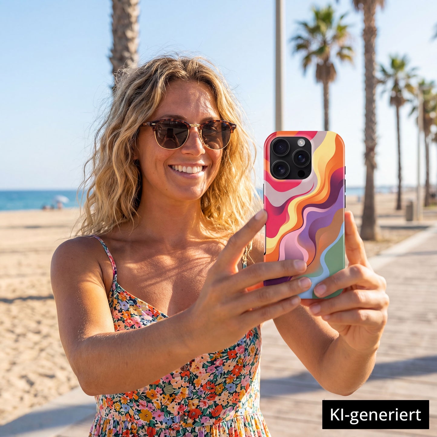Eine lächelnde Frau macht ein Selfie an einem sonnigen Strand, in der Hand ihr farbenfrohes arktis iPhone 14 Pro Max Hülle - Happy Life, mit sich wiegenden Palmen im Hintergrund. KI-generiert.
