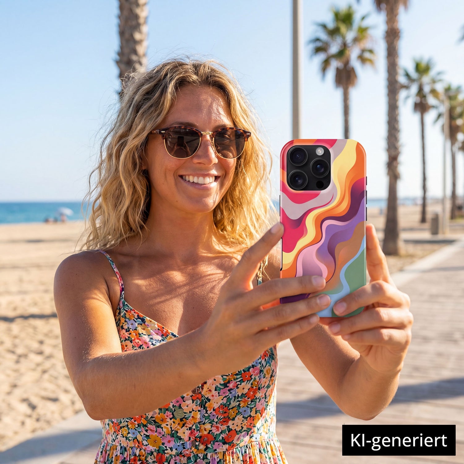 Eine lächelnde Frau macht ein Selfie an einem sonnigen Strand, in der Hand ihr farbenfrohes arktis iPhone 14 Pro Max Hülle - Happy Life, mit sich wiegenden Palmen im Hintergrund. KI-generiert.