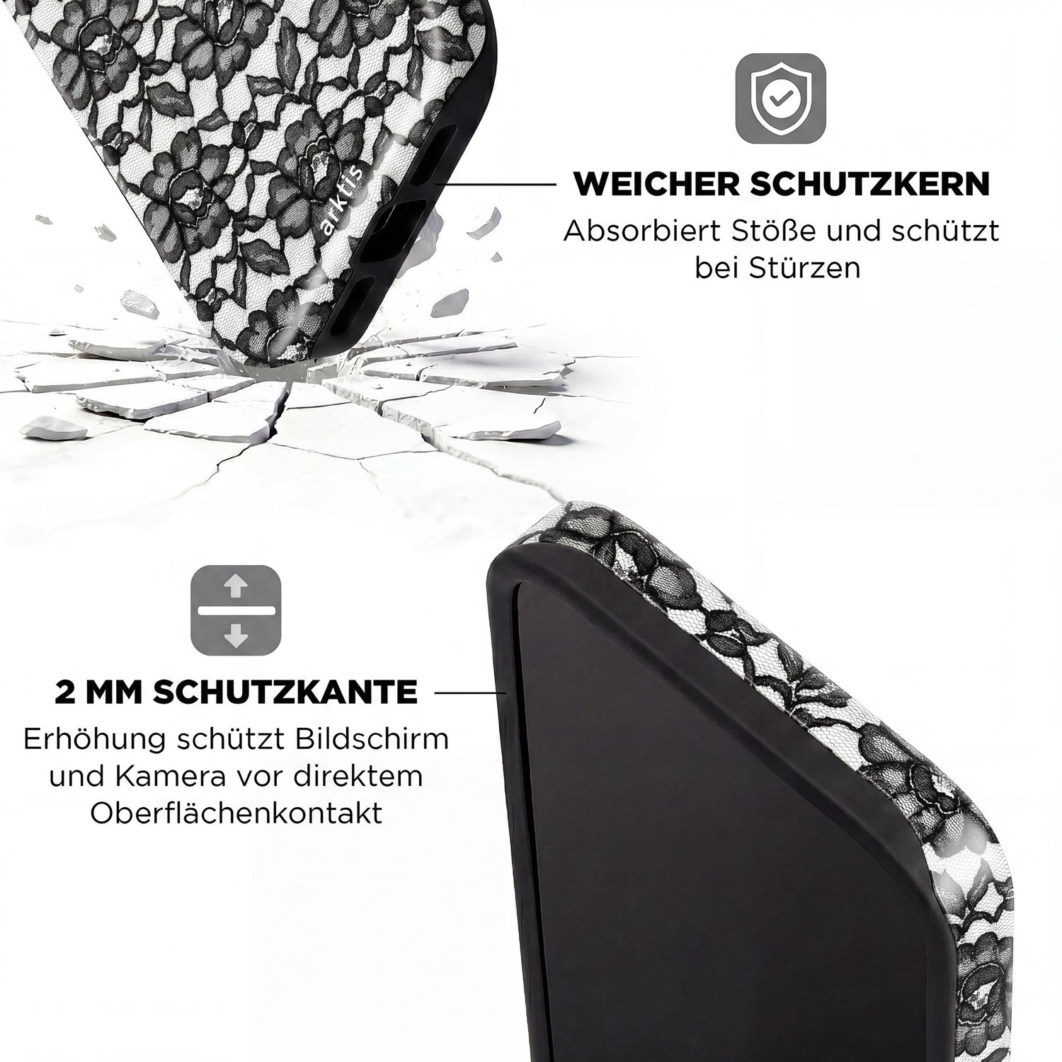 Die arktis iPhone 14 Pro Max Hülle - Dark Rose verfügt über ein schwarzes Spitzendesign, stoßabsorbierendes TPU-Silikon für beste Stoßdämpfung, MagSafe-Kompatibilität und einen 2 mm erhöhten Rand. Perfekt als stilvolle Schutzhülle für dein iPhone!.