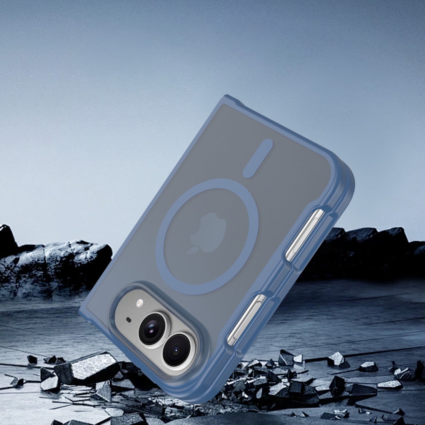 Blaue Arktis iPhone Duo Solid-Hülle mit MagSafe und einer runden Magnetbefestigung auf der Rückseite.