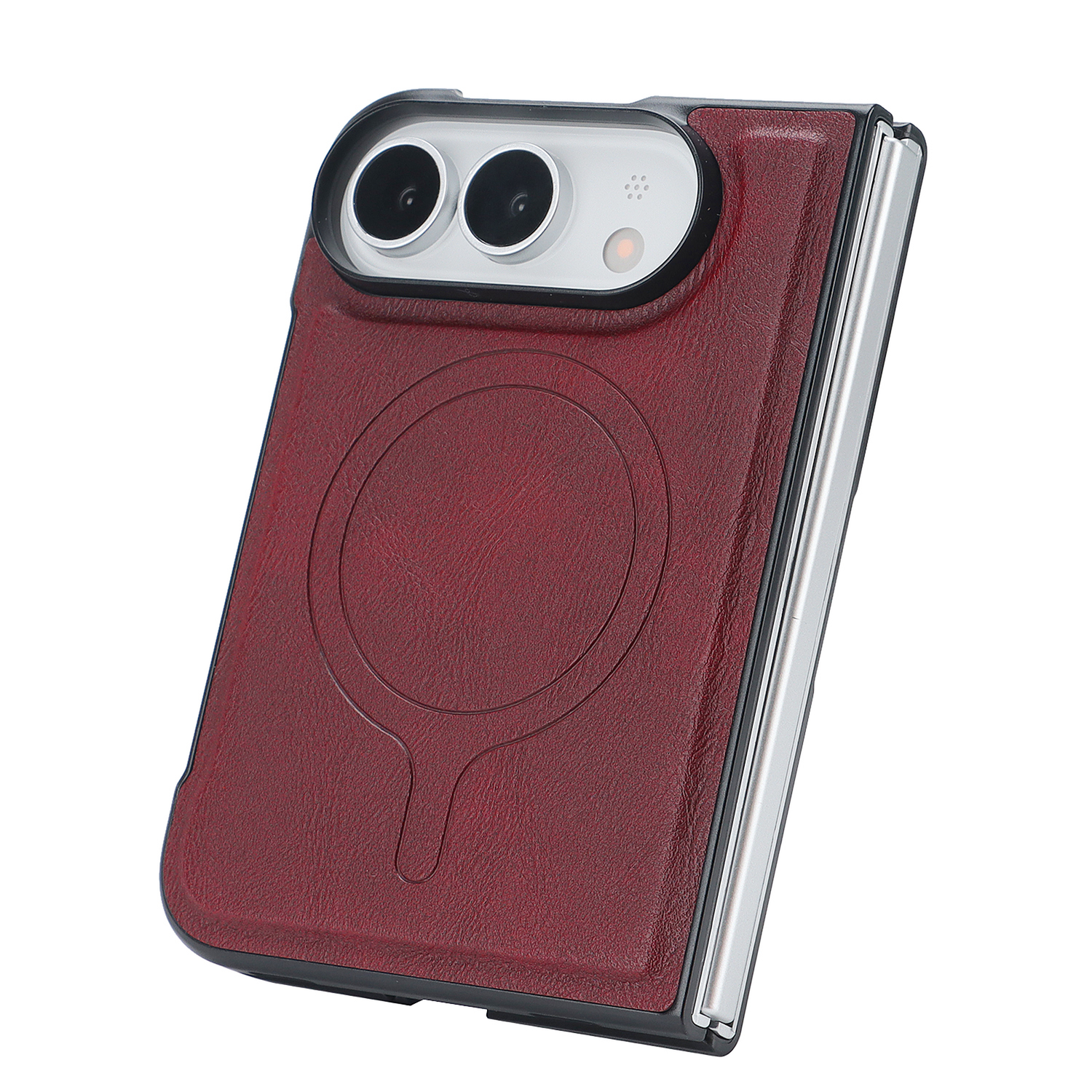 Ein „Arktis iPhone Duo Classic Folio“ aus burgunderrotem Kunstleder, in dem ein klappbares Smartphone mit zwei Kameralinsen auf der Rückseite steckt.