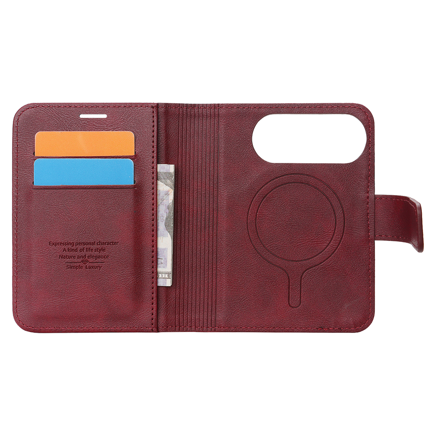Offene rote „Arktis iPhone Duo Classic Folio“-Handyhülle aus Kunstleder mit sichtbaren Kartenfächern, einem Fach für Geldscheine und einer Halterung für einen Magnetring; diese „Arktis iPhone Folio“-Hülle ist MagSafe-kompatibel.