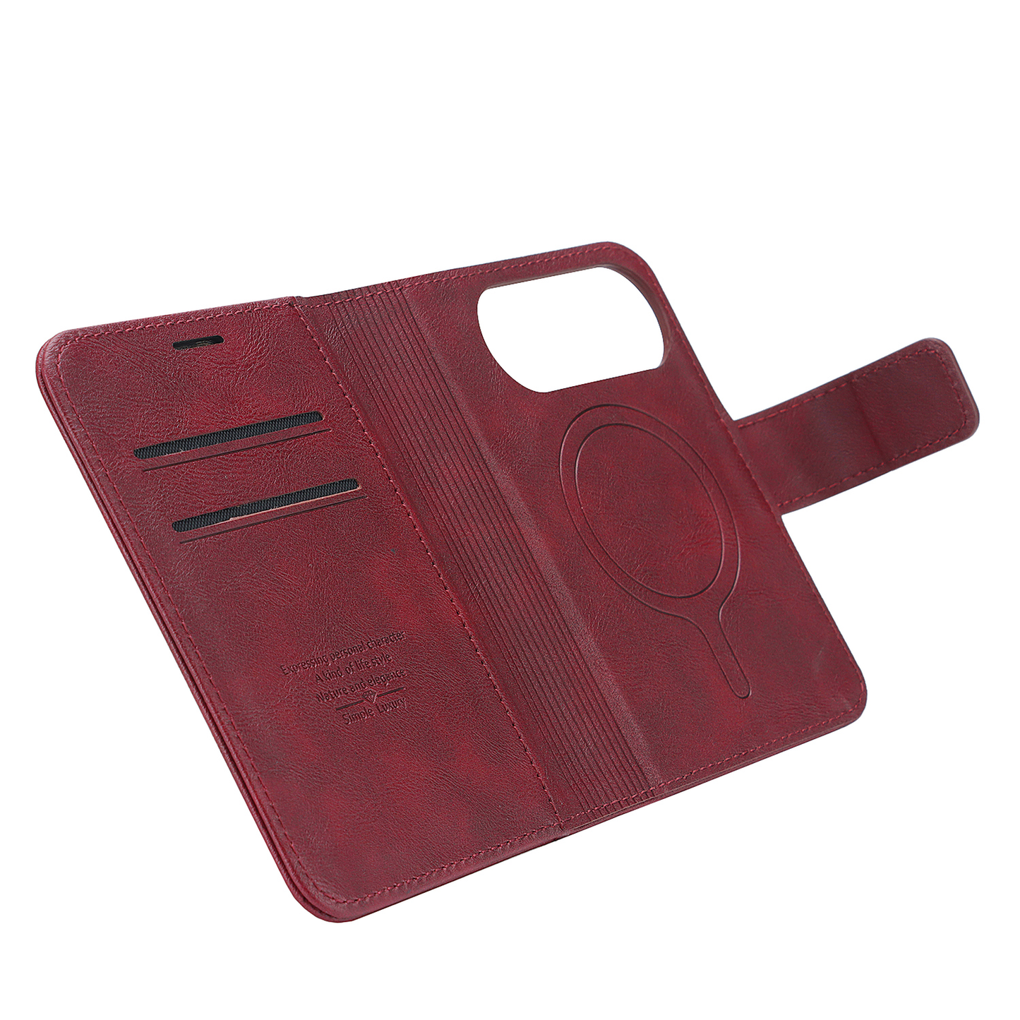 Vor einem weißen Hintergrund steht die geöffnete rote „arktis iPhone Duo Classic Folio“-Handyhülle aus Kunstleder mit Kartenfächern und einer Magnetklappe. Diese stilvolle Folio-Hülle von arktis ist MagSafe-kompatibel und bietet somit zusätzlichen Komfort.