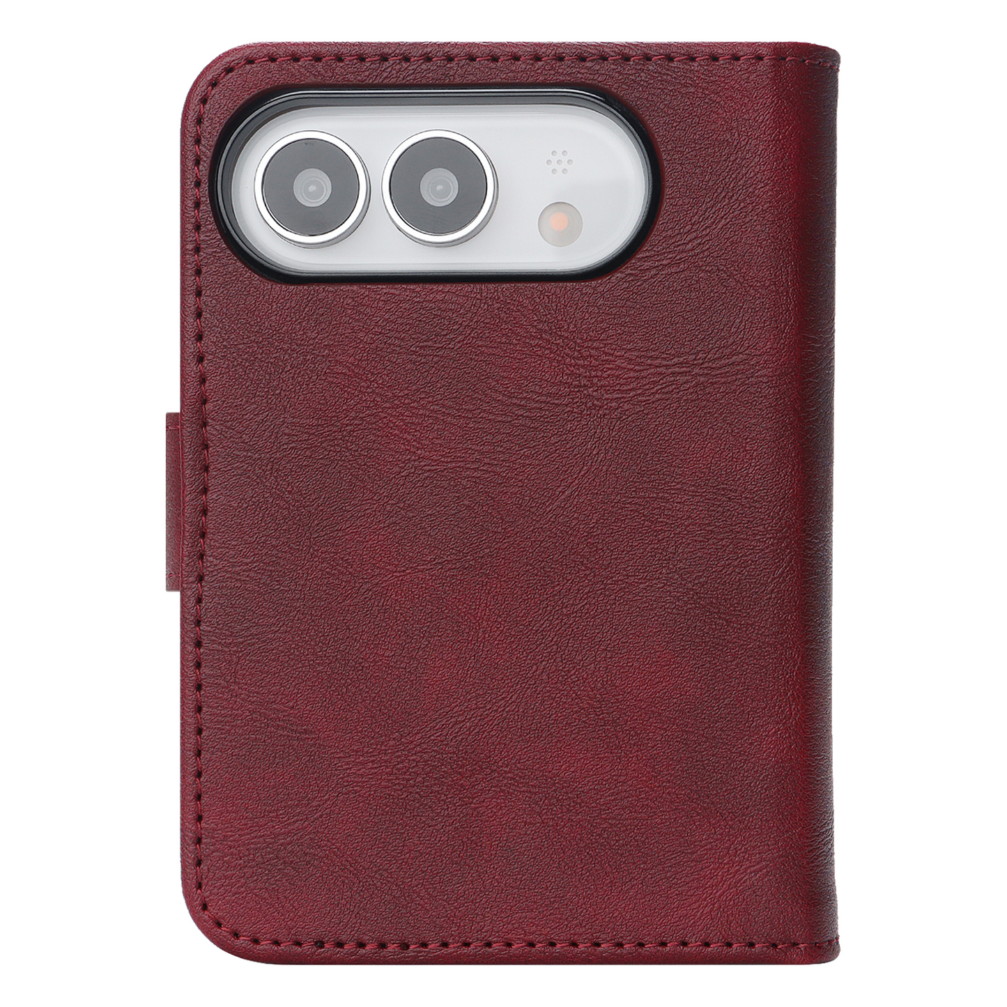 Eine rote „Arktis iPhone Duo Classic Folio“-Hülle aus Kunstleder mit Aussparungen für die Kameralinsen in der oberen linken Ecke, MagSafe-kompatibel für zusätzlichen Komfort.