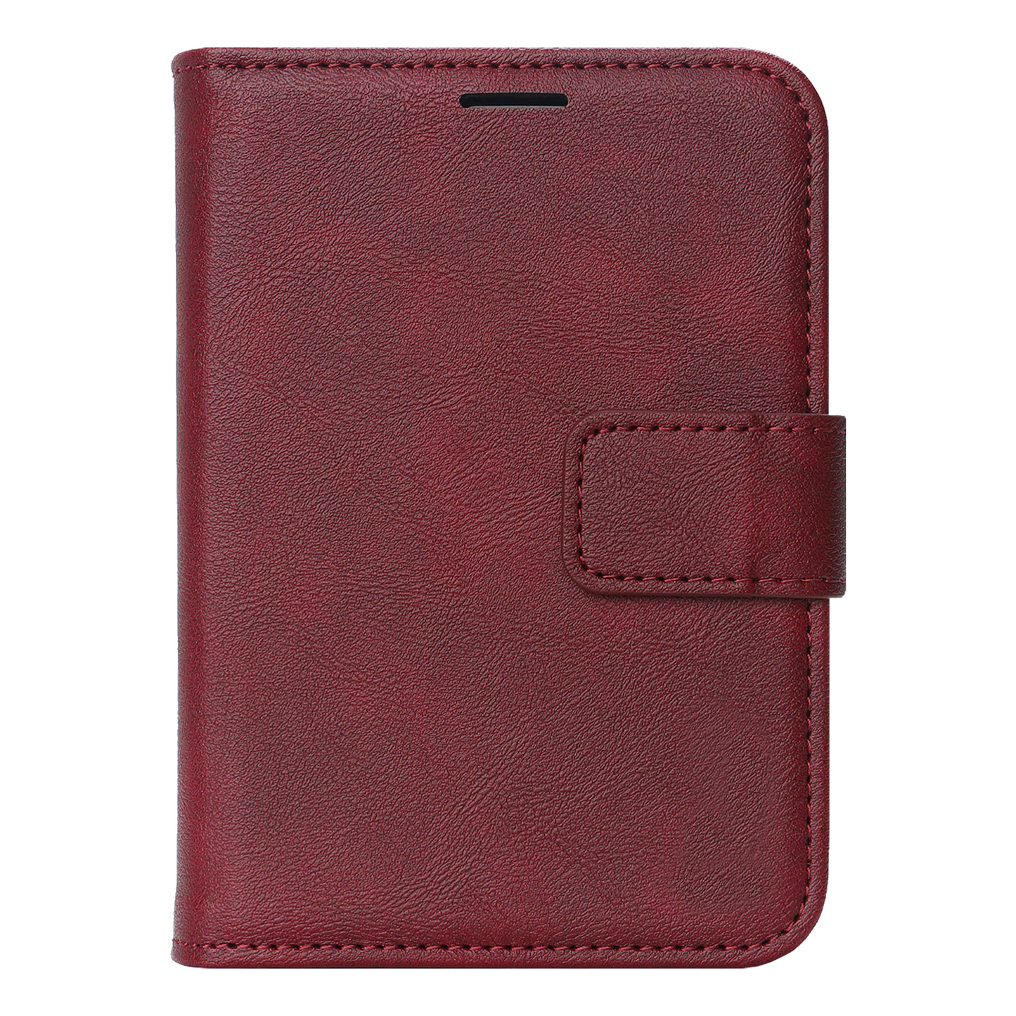 Auf weißem Hintergrund ist ein geschlossenes „Arktis iPhone Duo Classic Folio“ aus burgunderrotem Leder zu sehen, das über einen Magnetverschluss verfügt und MagSafe-kompatibel ist.