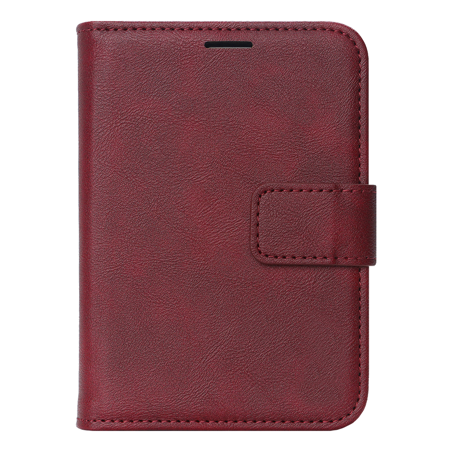 Auf weißem Hintergrund ist ein geschlossenes „Arktis iPhone Duo Classic Folio“ aus burgunderrotem Leder zu sehen, das über einen Magnetverschluss verfügt und MagSafe-kompatibel ist.