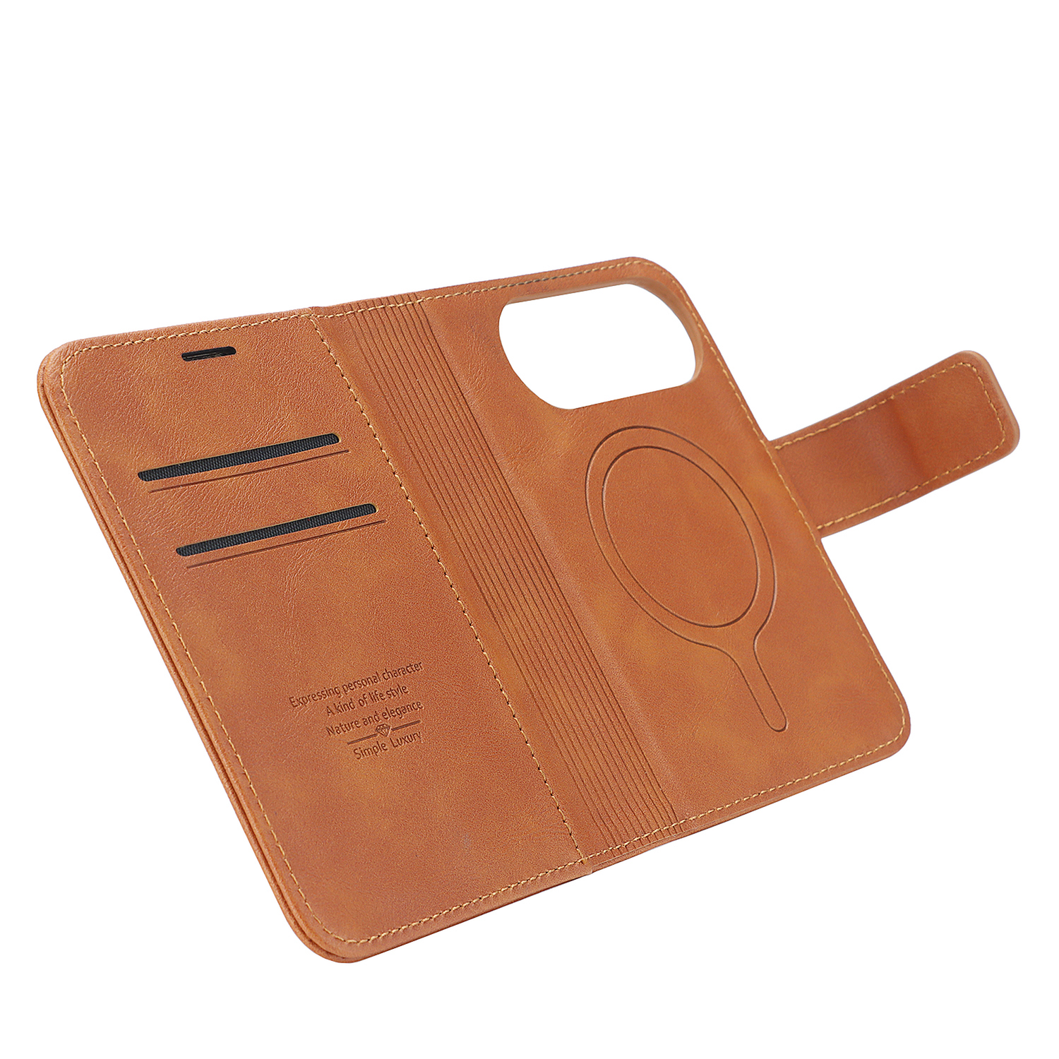 Offenes „Arktis iPhone Duo Classic Folio“ aus hellbraunem Leder mit Kartenfächern und Magnetverschluss, MagSafe-kompatibel, abgebildet auf weißem Hintergrund.