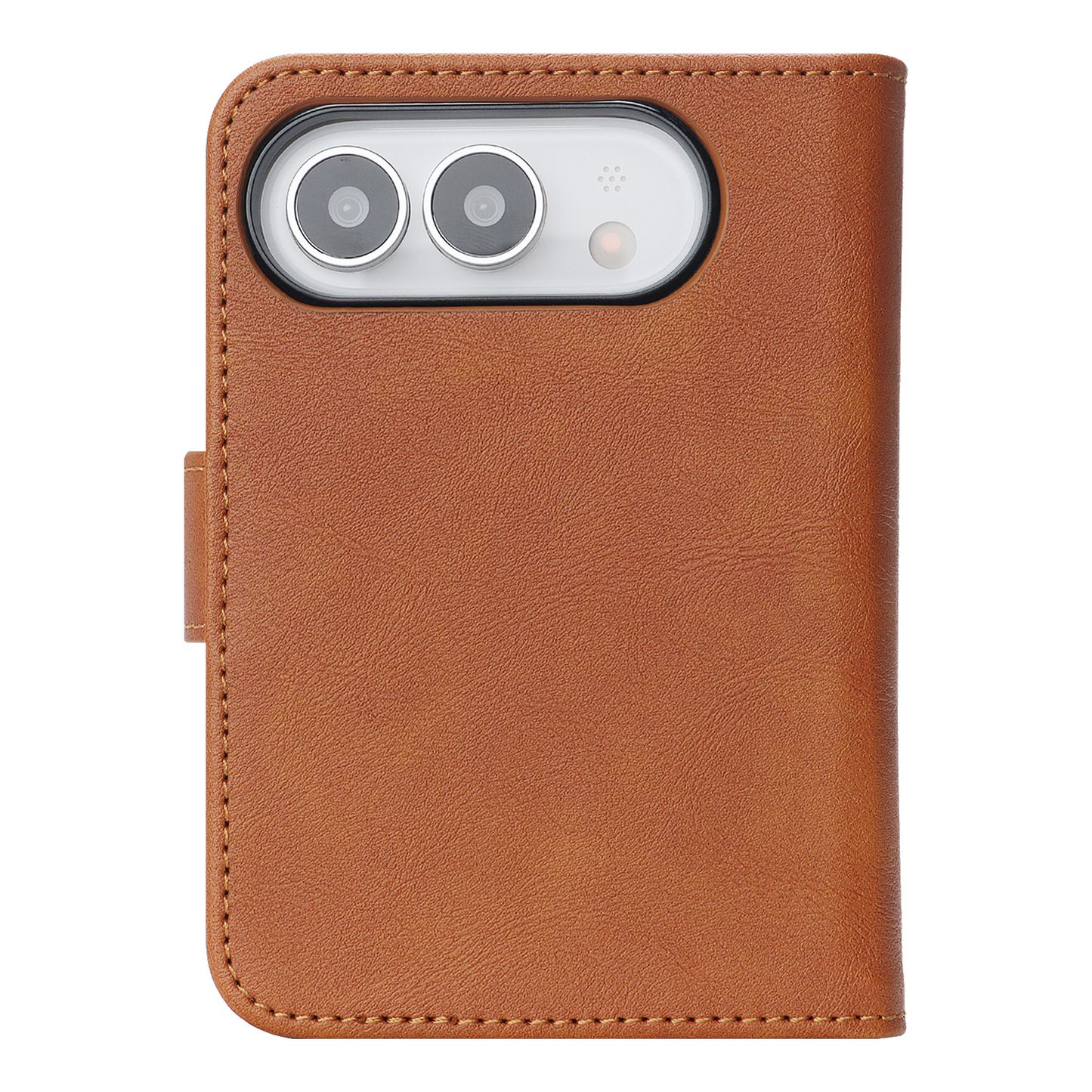Das „arktis iPhone Duo Classic Folio“ von arktis ist eine braune Handyhülle aus Kunstleder, die das Smartphone umschließt, wobei die Kameralinsen oben links frei bleiben.
