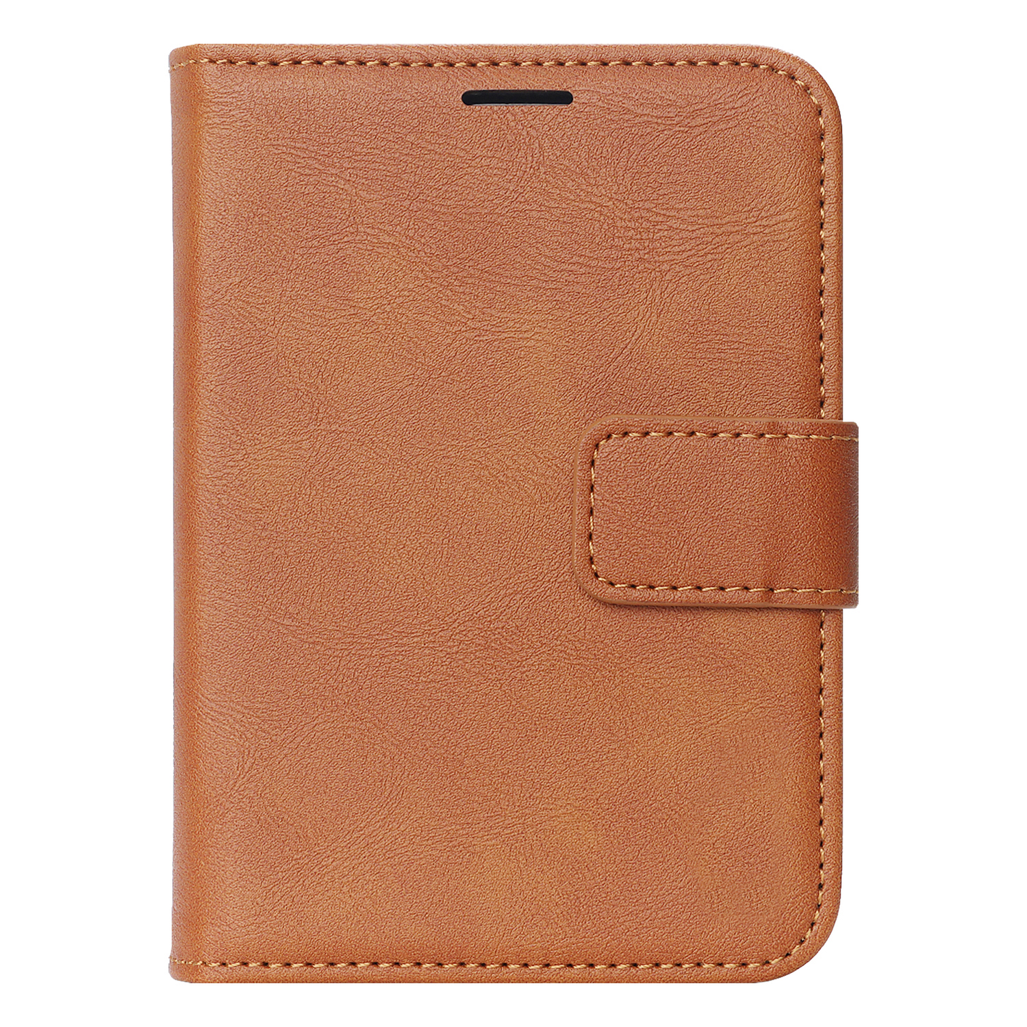Braune Handyhülle im Brieftaschenstil aus Leder mit einer Frontklappe und Druckknopfverschluss, hier geschlossen vor weißem Hintergrund abgebildet. Das „arktis iPhone Duo Classic Folio“ von arktis ist MagSafe-kompatibel und vereint klassischen Stil mit moderner Funktionalität.