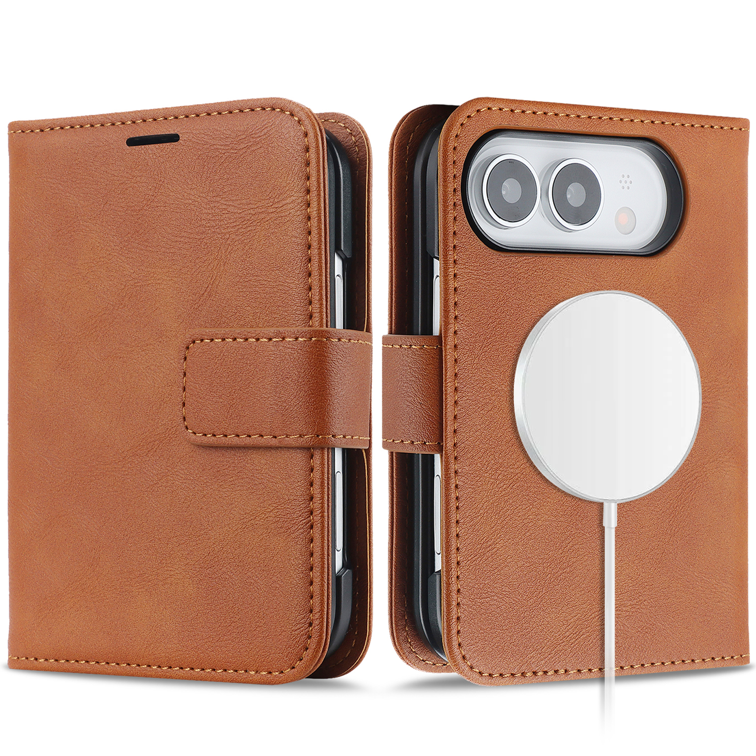 Das „arktis iPhone Duo Classic Folio“, eine braune Handyhülle aus Kunstleder von arktis, ist MagSafe-kompatibel und verfügt auf der Rückseite über ein integriertes MagSafe-Ladegerät. Die Bilder zeigen sowohl die Vorder- als auch die Rückansicht dieser eleganten und funktionalen Handyhülle im Portemonnaie-Stil – perfekt für alle, die Wert auf Stil und Funktionalität legen.