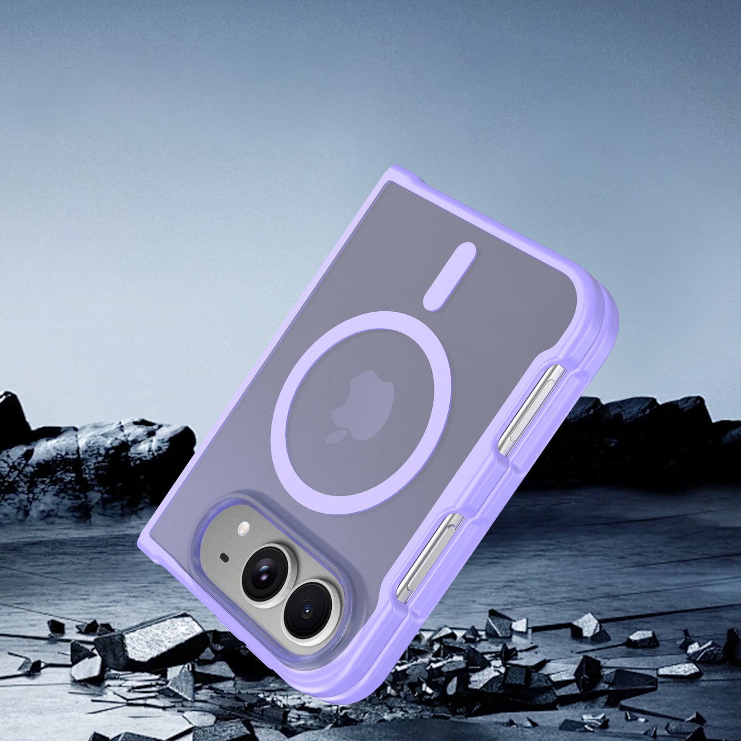 Hellviolettes Arktis iPhone Duo Solid Case mit MagSafe und einem Magnetring auf der Rückseite.