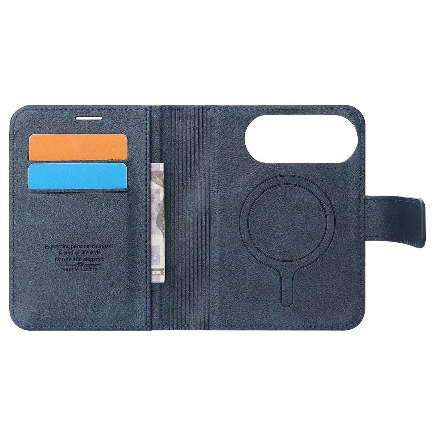 Öffnen Sie die blaue „iPhone Duo Classic Folio“ Kunstleder-Hülle von arktis, die über Kartenfächer, ein Geldfach und ein kreisförmiges Design auf der rechten Seite verfügt.