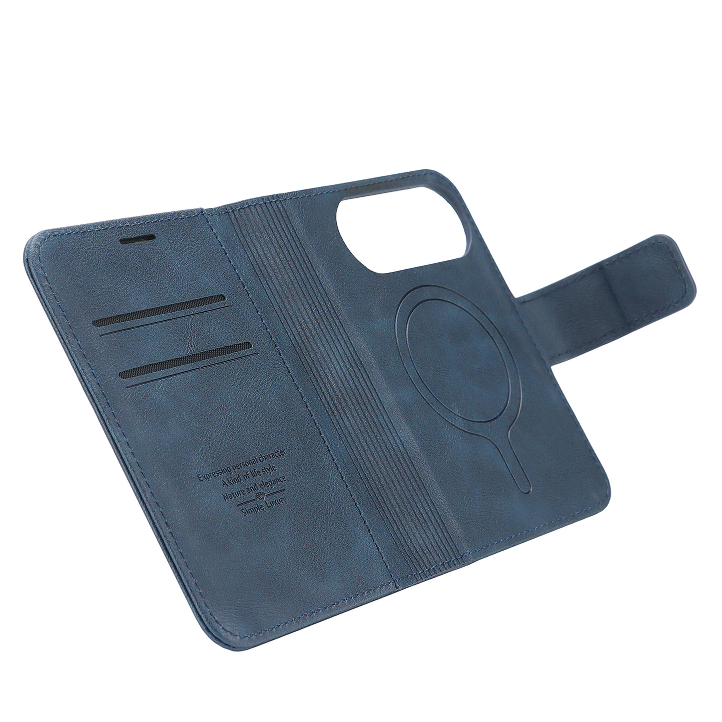 Arktis iPhone Duo Classic Folio in Blau aus hochwertigem Kunstleder mit Kartenfächern und Magnetverschluss, geöffnet, um die Innenausstattung zu zeigen – MagSafe-kompatibel für zusätzlichen Komfort.