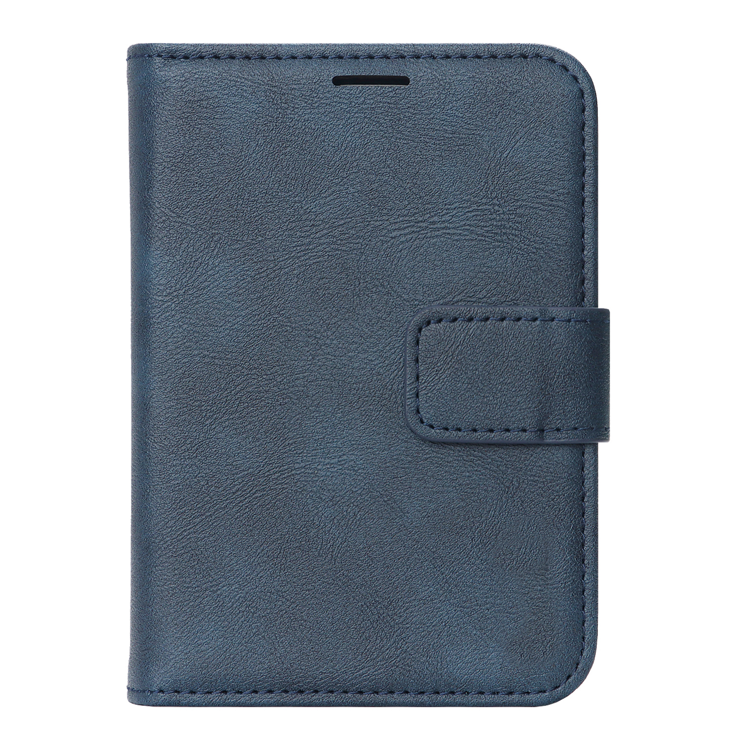 „arktis iPhone Duo Classic Folio“ von arktis, eine blaue Handyhülle aus Kunstleder mit Frontklappe und Druckknopfverschluss, fotografiert vor weißem Hintergrund. Diese stilvolle Hülle bietet umfassenden Schutz und eleganten Komfort für Ihr iPhone.