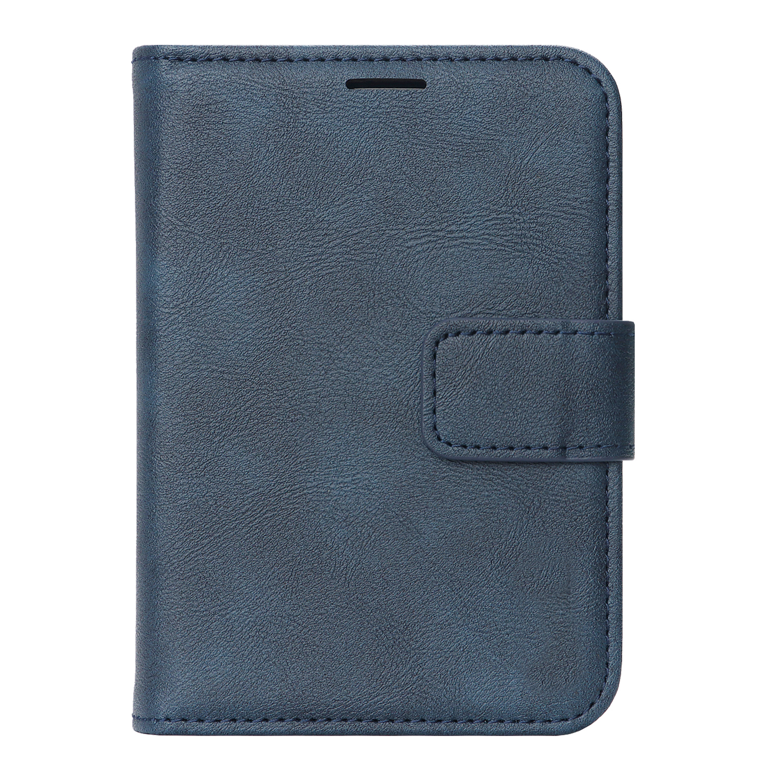 „arktis iPhone Duo Classic Folio“ von arktis, eine blaue Handyhülle aus Kunstleder mit Frontklappe und Druckknopfverschluss, fotografiert vor weißem Hintergrund. Diese stilvolle Hülle bietet umfassenden Schutz und eleganten Komfort für Ihr iPhone.