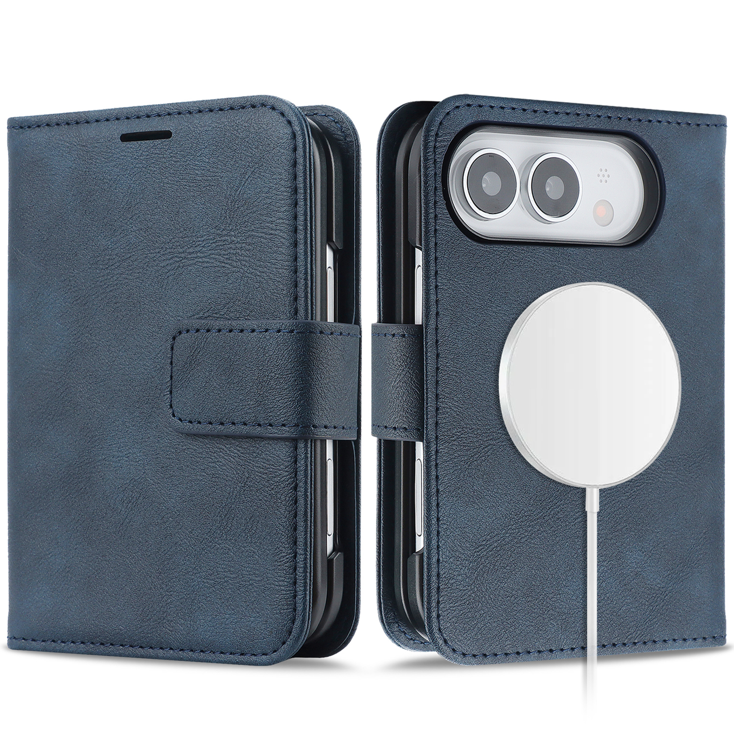 Die „Arktis iPhone Duo Classic Folio“-Hülle in Blau aus hochwertigem Kunstleder mit praktischem Magnetverschluss, abgebildet in geöffneter und geschlossener Ansicht – MagSafe-kompatibel und mit einem kabellosen Ladegerät verbunden.