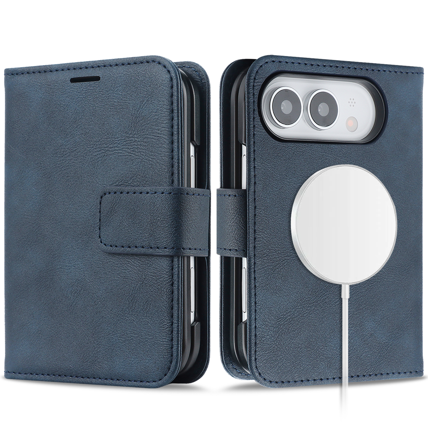 Die „Arktis iPhone Duo Classic Folio“-Hülle in Blau aus hochwertigem Kunstleder mit praktischem Magnetverschluss, abgebildet in geöffneter und geschlossener Ansicht – MagSafe-kompatibel und mit einem kabellosen Ladegerät verbunden.
