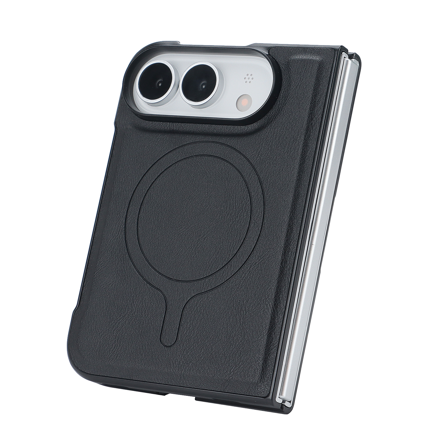 Schwarze „Arktis iPhone Duo Classic Folio“-Handyhülle aus Kunstleder mit kreisförmigem MagSafe-Muster, passgenau für ein iPhone mit Doppelkamera – vollständig MagSafe-kompatibel für müheloses kabelloses Laden.