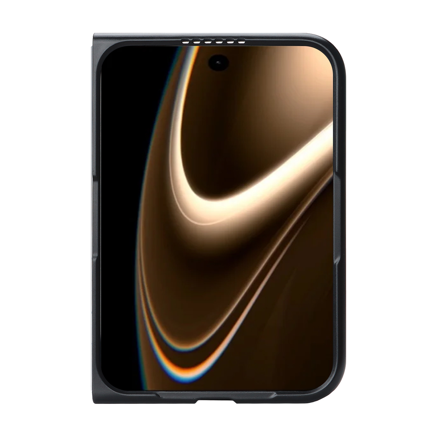 Ein Smartphone mit Metallrahmen und einem abstrakten, braunen Hintergrundbild mit Wirbelmuster auf dem Display, elegant geschützt durch das „arktis iPhone Duo Classic Folio“ von arktis, eine Hülle aus Kunstleder, die zudem MagSafe-kompatibel ist.