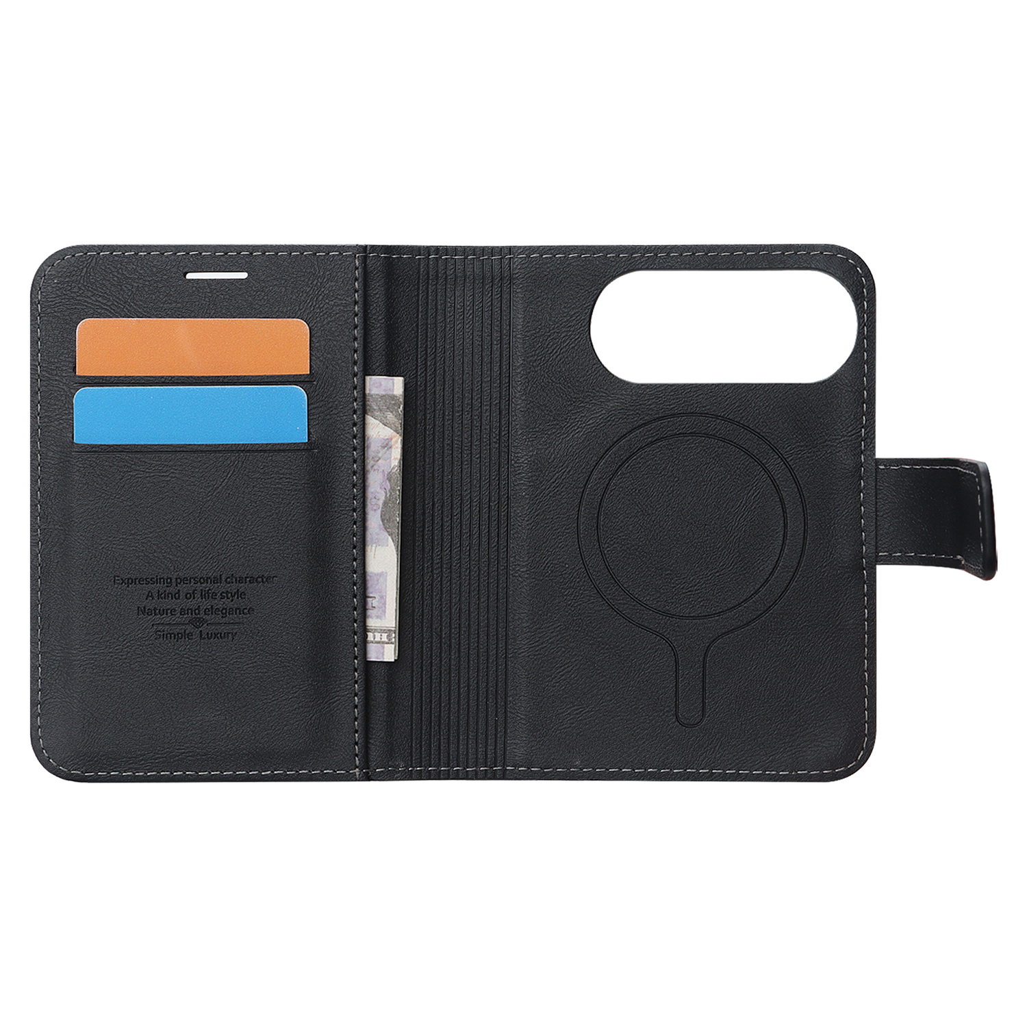 Öffnen Sie die schwarze „Arktis iPhone Duo Classic Folio“-Handyhülle aus Kunstleder von Arktis, die über Kartenfächer, ein Bargeldfach und einen Magnetring auf der rechten Seite verfügt und MagSafe-kompatibel ist, sodass Sie Ihr Gerät mühelos aufladen können.