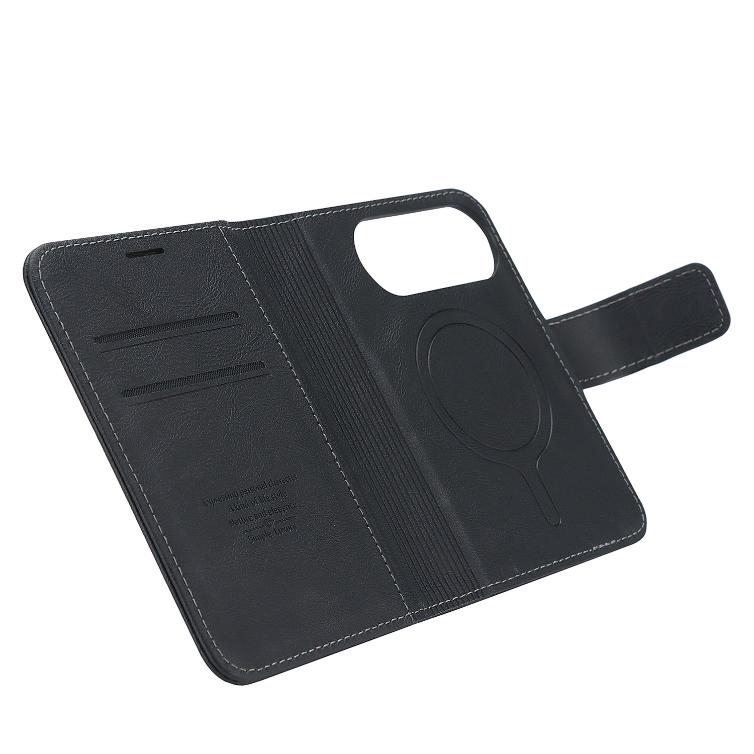 Arktis iPhone Duo Classic Folio aus schwarzem Leder mit Kartenfächern und magnetischer Lasche, hier zur Ansicht der Innenfächer geöffnet; MagSafe-kompatibel für zusätzlichen Komfort.