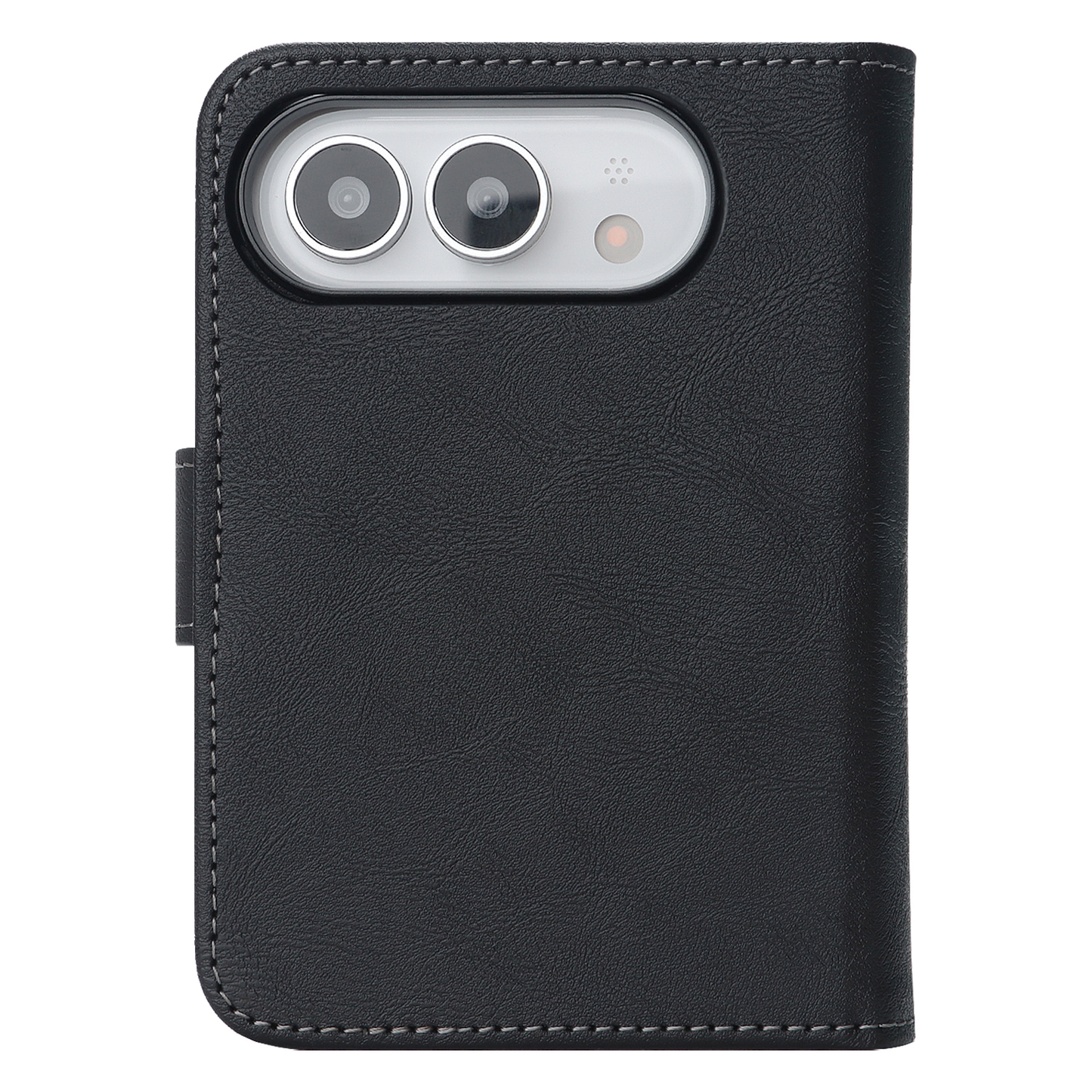 Schwarze „Arktis iPhone Duo Classic Folio“-Handyhülle aus Kunstleder mit Kameraausschnitt, abgebildet im geschlossenen Zustand vor weißem Hintergrund. MagSafe-kompatibel für bequemes kabelloses Laden.