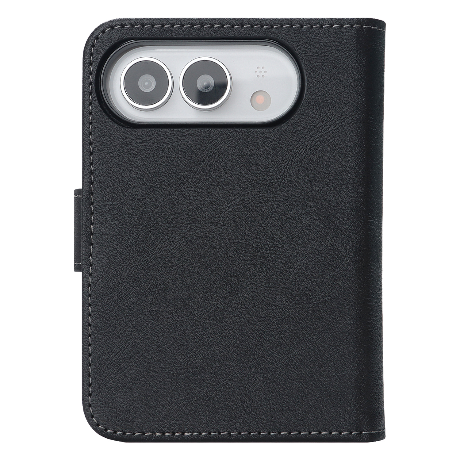 Schwarze „Arktis iPhone Duo Classic Folio“-Handyhülle aus Kunstleder mit Kameraausschnitt, abgebildet im geschlossenen Zustand vor weißem Hintergrund. MagSafe-kompatibel für bequemes kabelloses Laden.