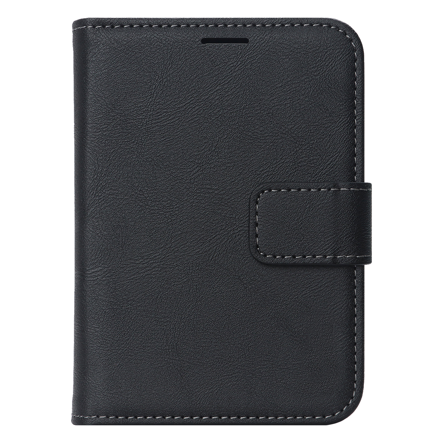 „arktis iPhone Duo Classic Folio“ von arktis, eine schwarze Handyhülle im Brieftaschenstil aus Leder, die MagSafe-kompatibel ist und über einen Magnetverschluss verfügt, von vorne vor weißem Hintergrund abgebildet.