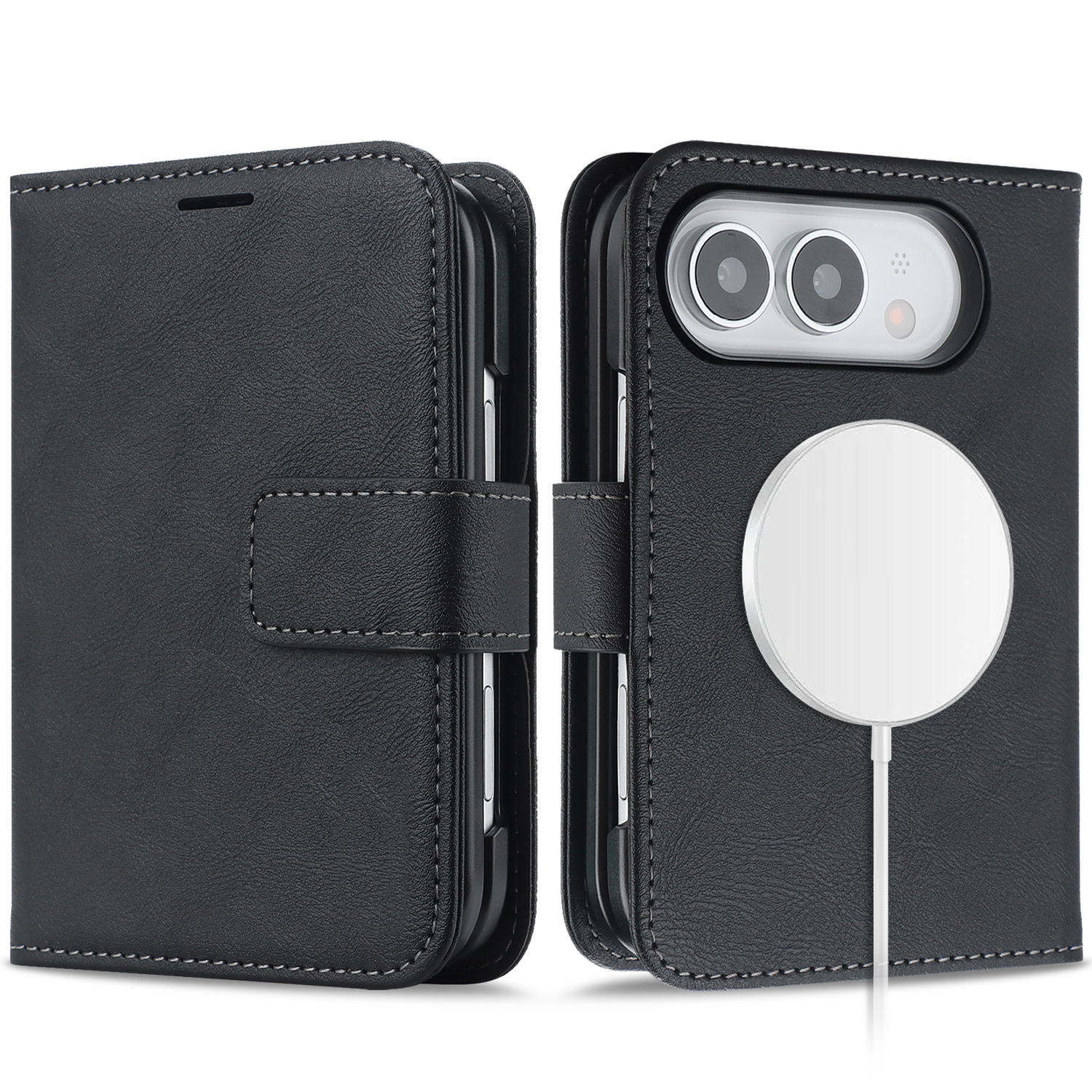 Arktis iPhone Duo Classic Folio Handyhülle aus schwarzem Kunstleder, abgebildet im geschlossenen und geöffneten Zustand, mit einem an der Rückseite befestigten MagSafe-kompatiblen Ladegerät von arktis.