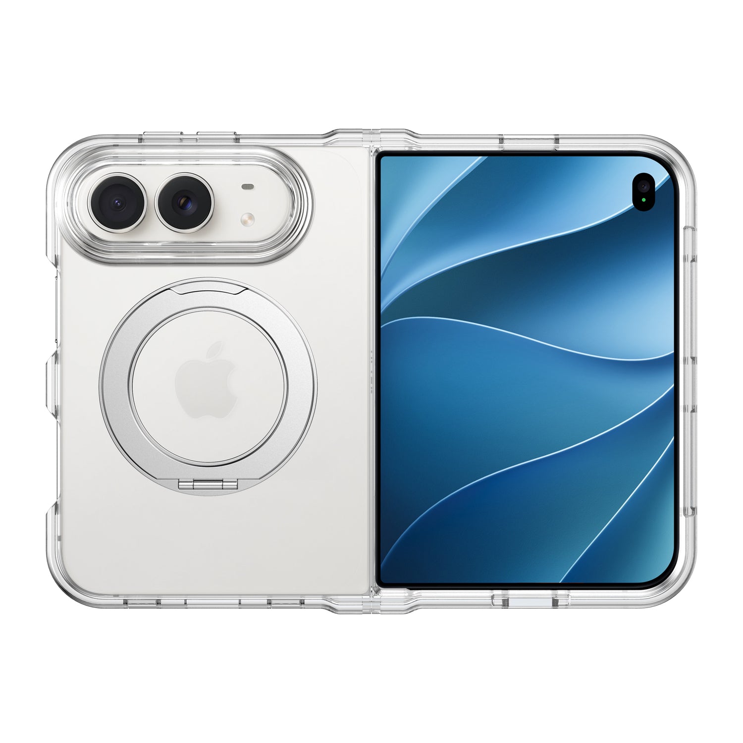 Die „arktis iPhone Duo Case Crystal Loop“ von arktis ist eine MagSafe-kompatible, stoßfeste, transparente Handyhülle, die an einem klappbaren Gerät mit Doppelkamera und einem Bildschirm mit blauem, abstraktem Hintergrundbild zu sehen ist.