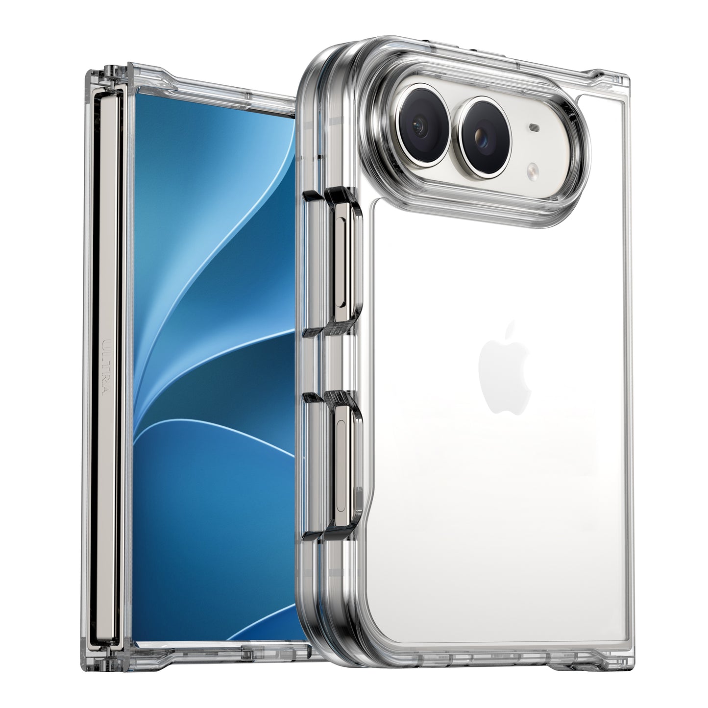 Die arktis iPhone Duo Pure Case ist eine durchsichtige, stoßfeste Hülle für dein faltbares iPhone mit Dual-Kamera, die MagSafe-kompatibel ist und ein sichtbares Apple-Logo aufweist.