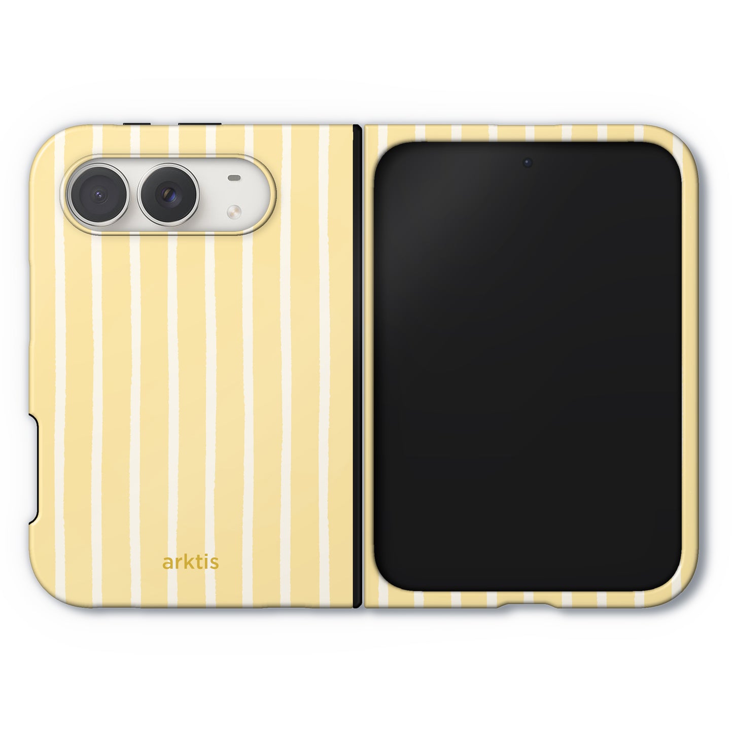 Arktis iPhone Duo Hülle – Sunny Stripes, eine faltbare Handyhülle mit einem gelb-weißen vertikalen Streifenmuster.