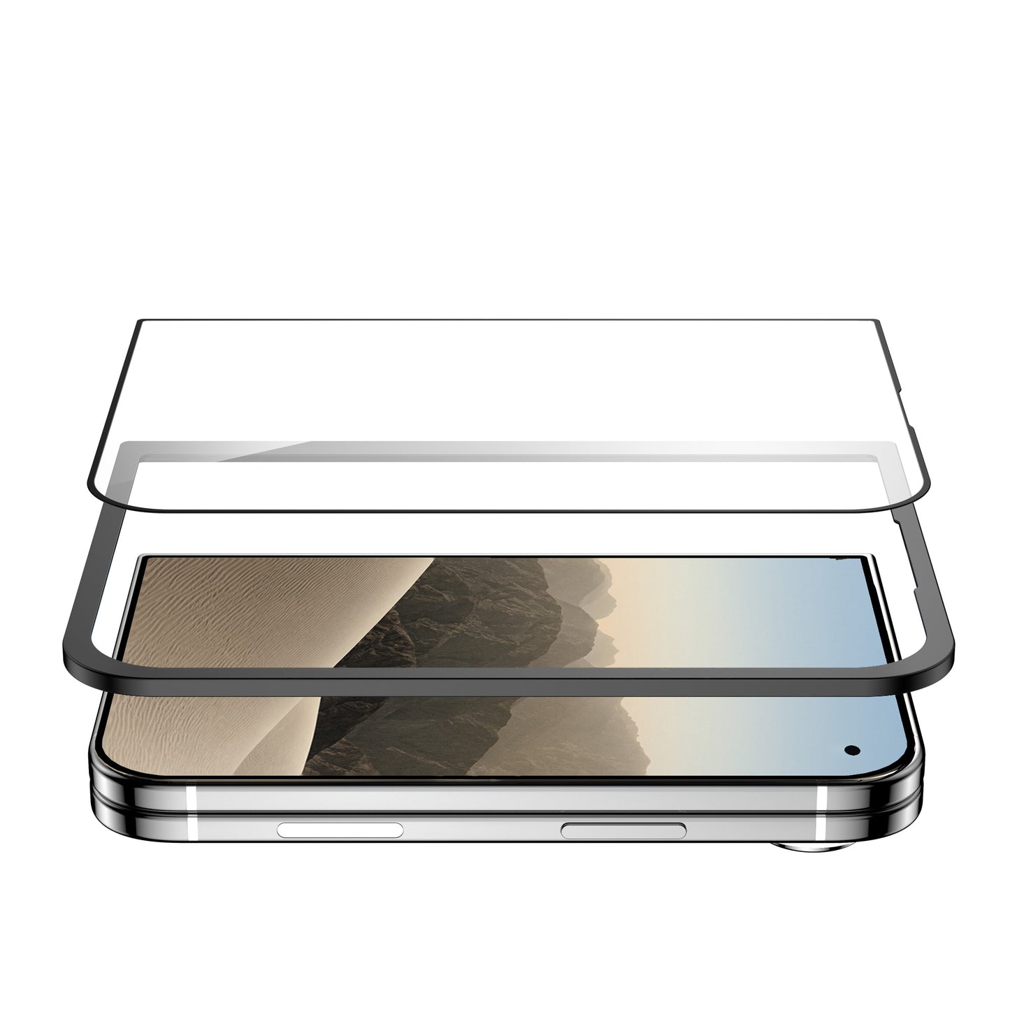 Klare Arktis iPhone Duo Displayschutzfolie aus Glas, die über einem Smartphone schwebt.