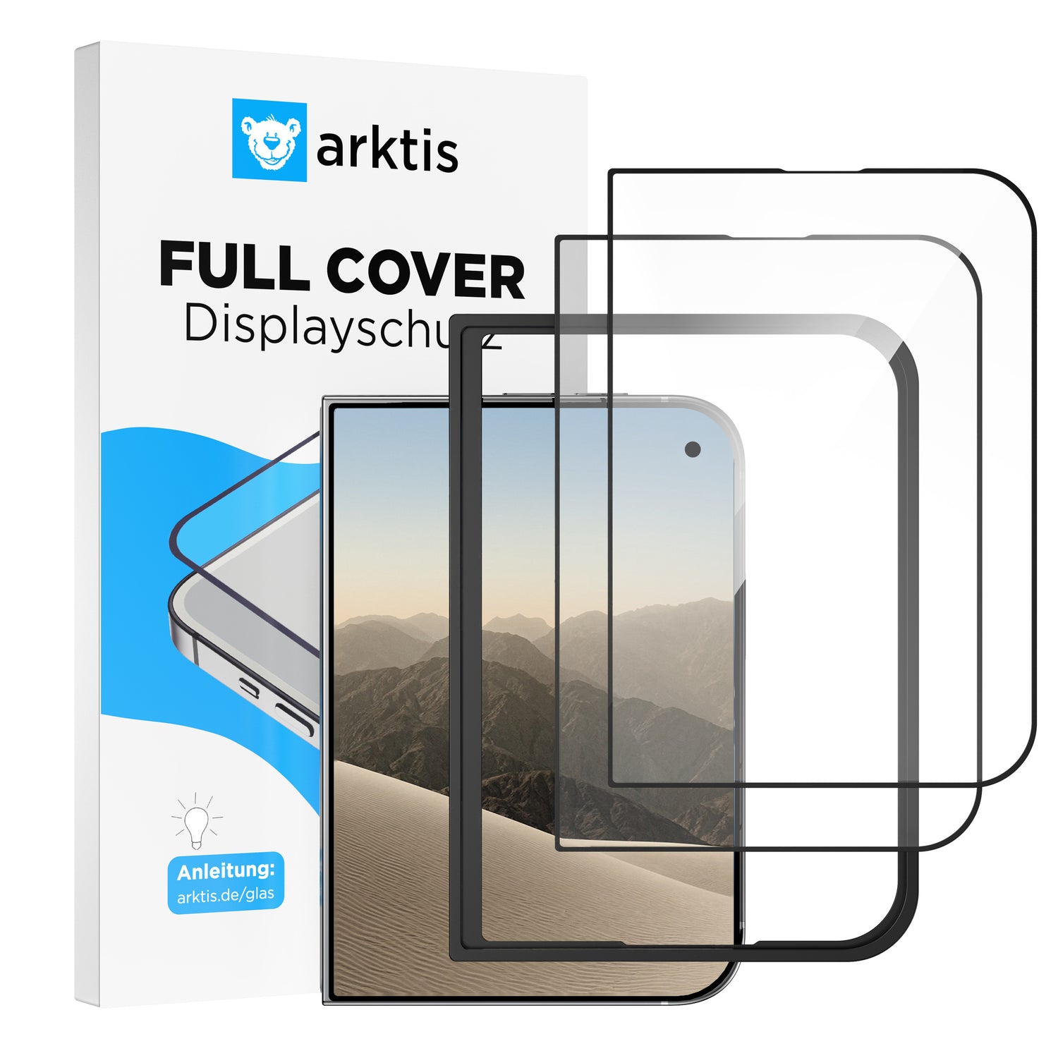 Zwei arktis iPhone Duo Displayschutzgläser – hüllenfreundliche Displayschutzfolien für ein faltbares Smartphone, zusätzlich zu ihrer Verpackung.