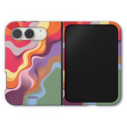 Arktis iPhone Duo Hülle – Happy Life, eine faltbare Handyhülle mit einem farbenfrohen, wellenförmigen, abstrakten Muster.